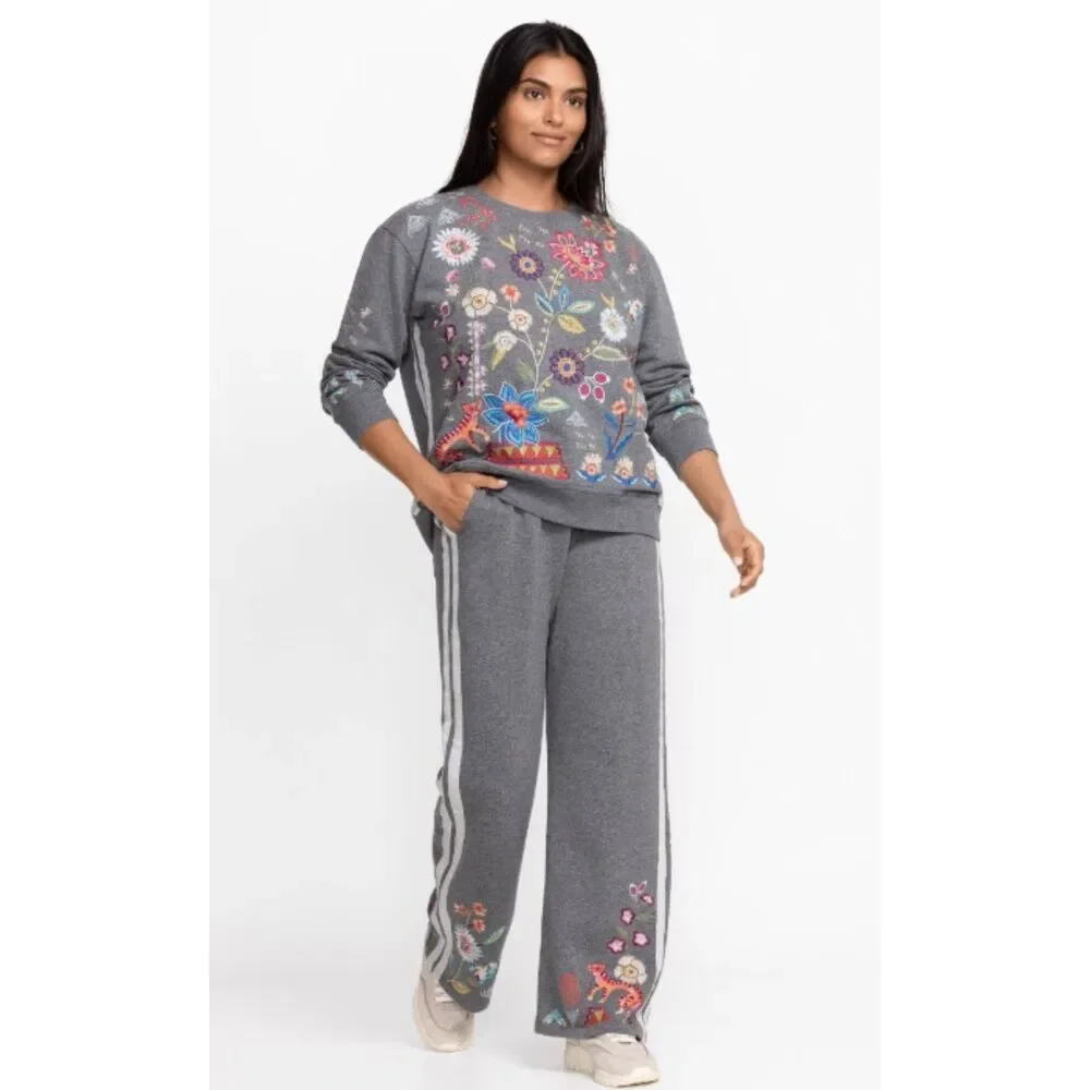 Johnny Was Griffin Wide Leg Ribbon Pant in Embroidered Grey Marled size Small - Picture 2 of 16